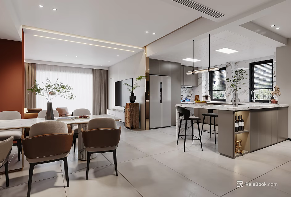 Modern Dining Living Room Interior Design With Dining Table Chairs Sofa And Open Layout 3d model