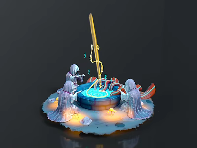 Magical Fantasy Scene With Central Glowing Pool And Surrounding Robed Characters 3d model