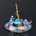 Magical Fantasy Scene With Central Glowing Pool And Surrounding Robed Characters