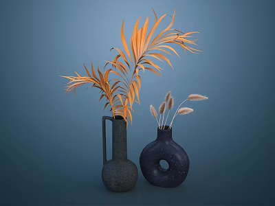 Textured Black Vase with Orange Leaves and Dark Hole Vase with Spike Flowers on Blue 3d model