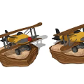 Yellow Biplane Decorative Model with Metal Parts on Wooden Base