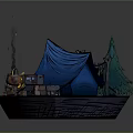 Cartoon Camping Scene With Blue Tent Christmas Tree Guitar Campfire Boxes And Rolled Blankets