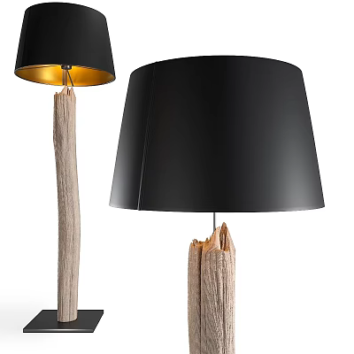 Natural Wooden Floor Lamp with Black Lampshade and Golden Interior 3d model
