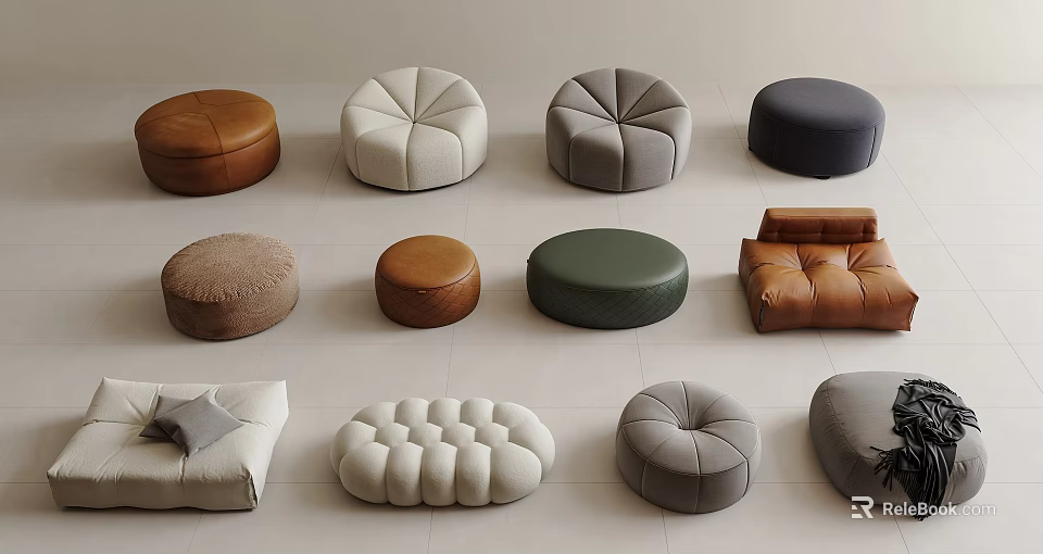 Multi Colored Round Ottomans With Various Designs And Leather Fabric Materials 3d model 