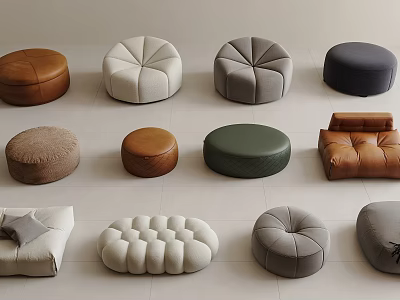 Multi Colored Round Ottomans With Various Designs And Leather Fabric Materials 3d model