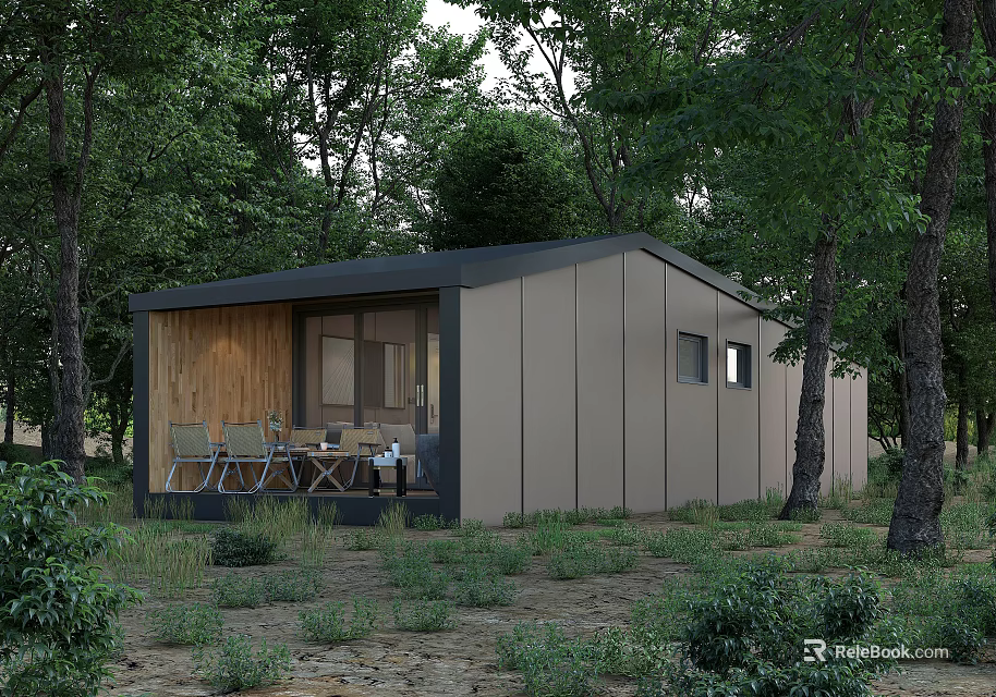 Wooden Cabin in Forest with Wooden Siding Gray Exterior Outdoor Terrace and Garden Furniture 3d model 