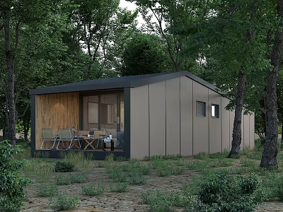 Wooden Cabin in Forest with Wooden Siding Gray Exterior Outdoor Terrace and Garden Furniture 3d model