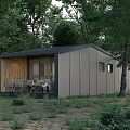 Wooden Cabin in Forest with Wooden Siding Gray Exterior Outdoor Terrace and Garden Furniture