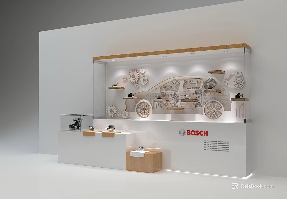 Bosch Exhibition Stand With White Wooden Accent Displaying Car Parts Gears And Models 3d model 