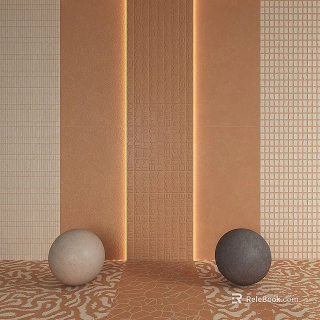 Textured Wall Design With Brown Striped Panel Light Grid Patterns And Spheres On Patterned Floor 3d model