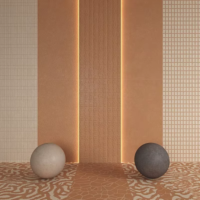 Textured Wall Design With Brown Striped Panel Light Grid Patterns And Spheres On Patterned Floor 3d model
