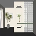 Modern Room Divider With White Frame Oval Cutout Grid Pattern And Glass Shelf With Plants