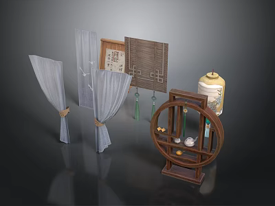 Traditional Living Supplies With Light Blue Curtains Decorative Panels Round Wooden Shelf And Ceramic Vase 3d model