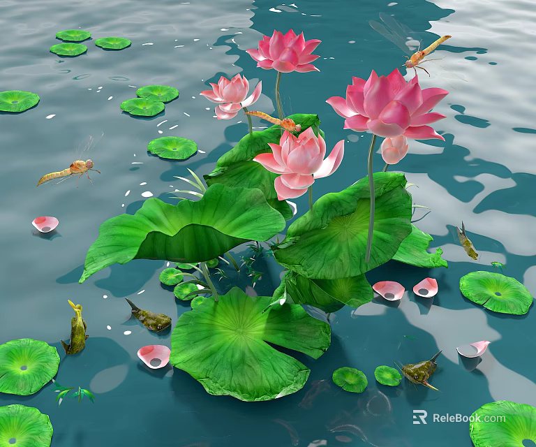 Beautiful Aquatic Plants Featuring Lotus Flowers Lily Pads On Water Surface With Fish Dragonflies 3d model 