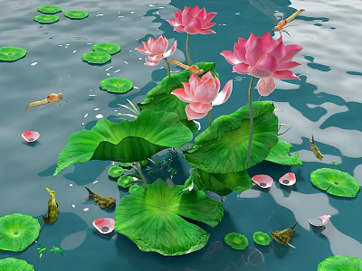 Beautiful Aquatic Plants Featuring Lotus Flowers Lily Pads On Water Surface With Fish Dragonflies 3d model