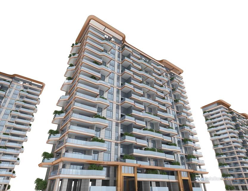 Modern Residential High Rise Building with Multiple Balconies Green Plants And Glass Exterior 3d model 