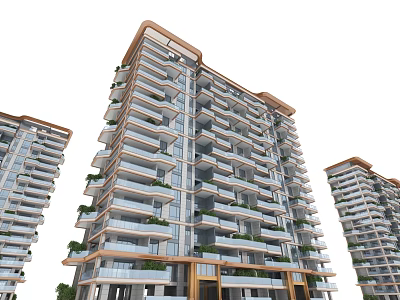 Modern Residential High Rise Building with Multiple Balconies Green Plants And Glass Exterior 3d model