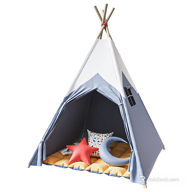 Cozy Blue And White Kids Tent With Star Moon Pillows And Soft Mat 3d model 