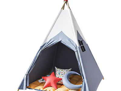 Cozy Blue And White Kids Tent With Star Moon Pillows And Soft Mat 3d model