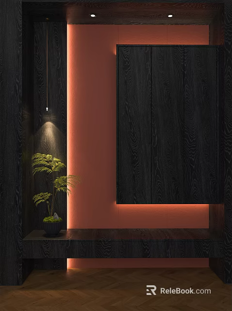 Entryway Hallway Modern Design With Dark Wood Walls Orange Accent Lighting And Green Plant Decoration 3d model 