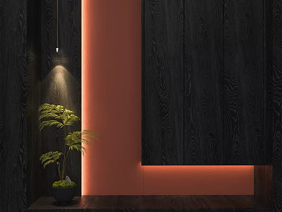 Entryway Hallway Modern Design With Dark Wood Walls Orange Accent Lighting And Green Plant Decoration 3d model