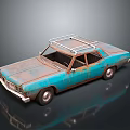 Vintage Rusty Turquoise Car With Roof Rack And Worn Exterior On Dark Reflective Surface