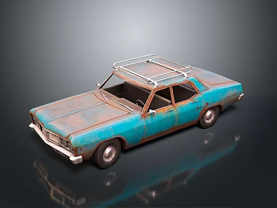 Vintage Rusty Turquoise Car With Roof Rack And Worn Exterior On Dark Reflective Surface 3d model