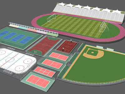 Fitness Sports Complex With Football Field Running Track Tennis Basketball Ice Hockey And Baseball Facilities 3d model