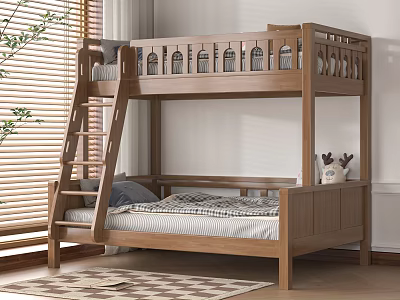 Modern Wooden Bunk Bed With Ladder Striped Sheets And Bright Window Light 3d model