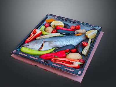 Square Kitchen Baking Tray With Fresh Fish Lemon Potatoes Ginger And Red Bell Peppers 3d model