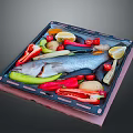Square Kitchen Baking Tray With Fresh Fish Lemon Potatoes Ginger And Red Bell Peppers
