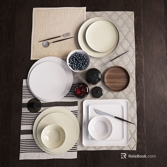 Complete Tableware Set With White Ceramic Plates Bowls Wooden Plate Knife Dark Cups And Blueberries 3d model 