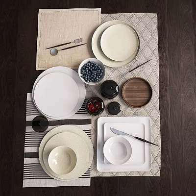 Complete Tableware Set With White Ceramic Plates Bowls Wooden Plate Knife Dark Cups And Blueberries 3d model