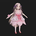 Cute Woman In Pink Dress With Long Hair Flower Accessories And Pink Shoes