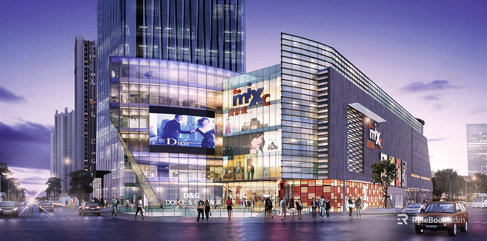 Modern Commercial Complex With Glass Facade Large Digital Billboards And Pedestrians In Evening 3d model 