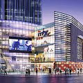 Modern Commercial Complex With Glass Facade Large Digital Billboards And Pedestrians In Evening