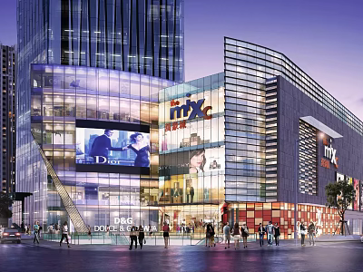 Modern Commercial Complex With Glass Facade Large Digital Billboards And Pedestrians In Evening 3d model