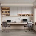 Modern Study Room Interior With Long Desk Two Computers White Cabinets And Gray Chairs 3d model