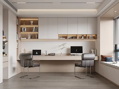 Modern Study Room Interior With Long Desk Two Computers White Cabinets And Gray Chairs 3d model