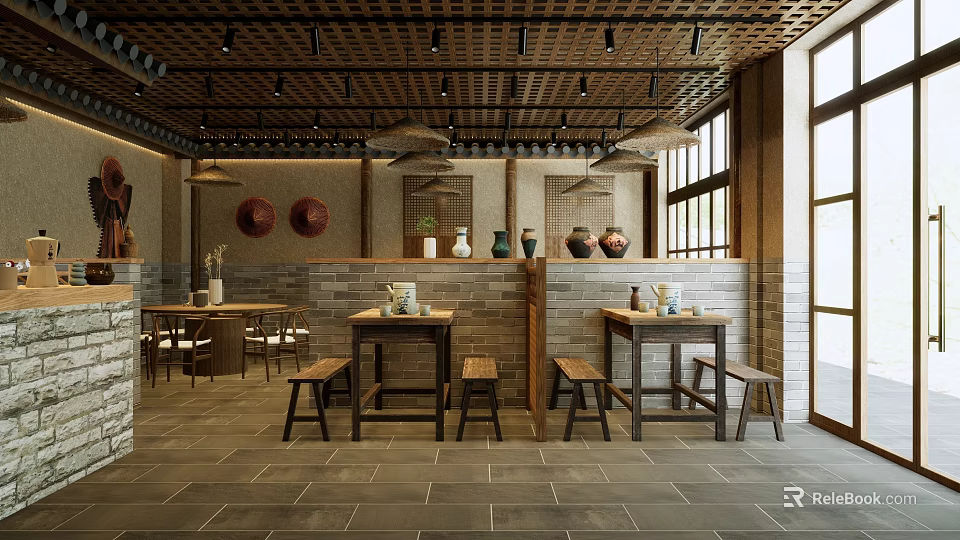 Traditional Restaurant Interior with Wooden Tables Benches Brick Wall Perforated Ceiling and Decorative Vases 3d model 