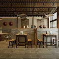Traditional Restaurant Interior with Wooden Tables Benches Brick Wall Perforated Ceiling and Decorative Vases