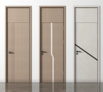 Modern Flush Doors With Wooden Finish White Accent And Gray Panel Design 3d model