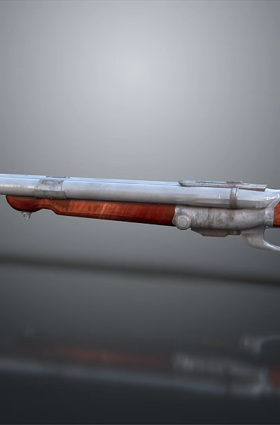 Vintage Revolver With Silver Barrel And Wooden Grip Displayed On Black Reflective Surface 3d model