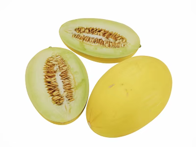 Fresh Ripe Yellow Melon Featuring Whole Fruit And Sliced Halves With Flesh Seeds 3d model