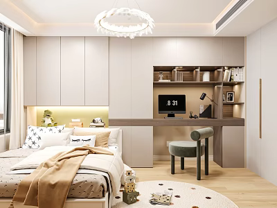 Modern Kids Room Interior With Cozy Bed Study Desk Built in Bookshelf And Chandelier 3d model