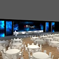 Exhibition Hall Layout With White Round Tables Chairs And Blue Light Displays