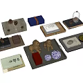 Chinese Style Decorative Ornament Set with Lion Figurines Trays Boxes Books Dice and Pine Cones