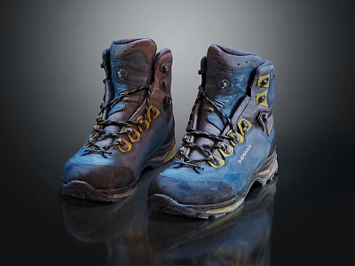 Outdoor Hiking Boots With Blue And Brown Design And Yellow Accents 3d model