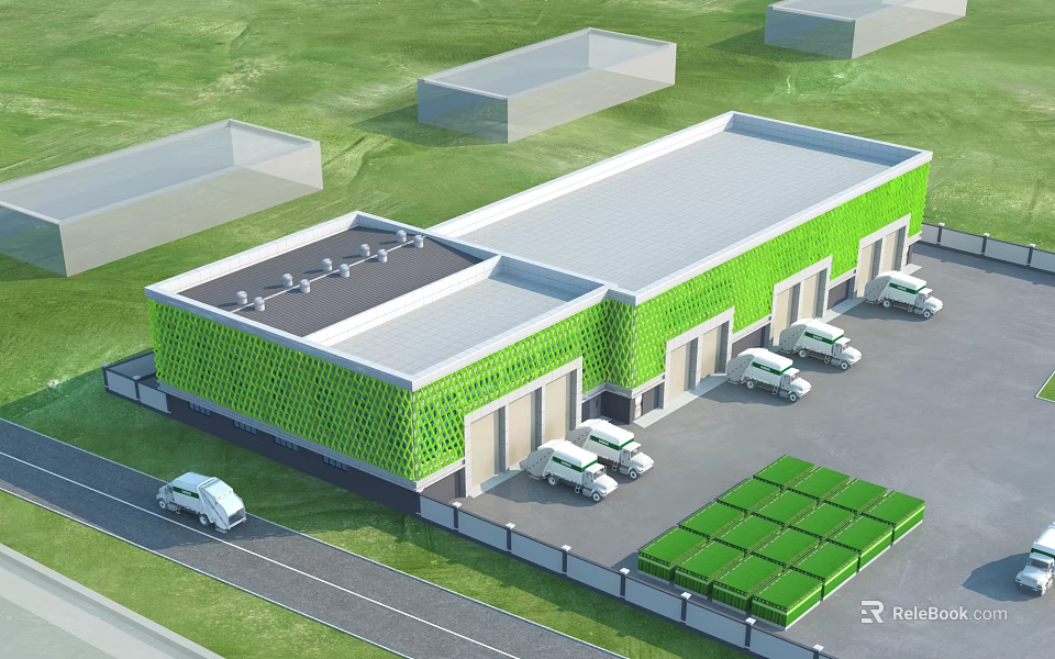 Green Logistics Warehouse Facility With White Delivery Vans And Green Containers 3d model 