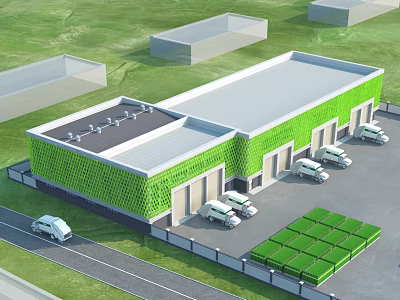Green Logistics Warehouse Facility With White Delivery Vans And Green Containers 3d model